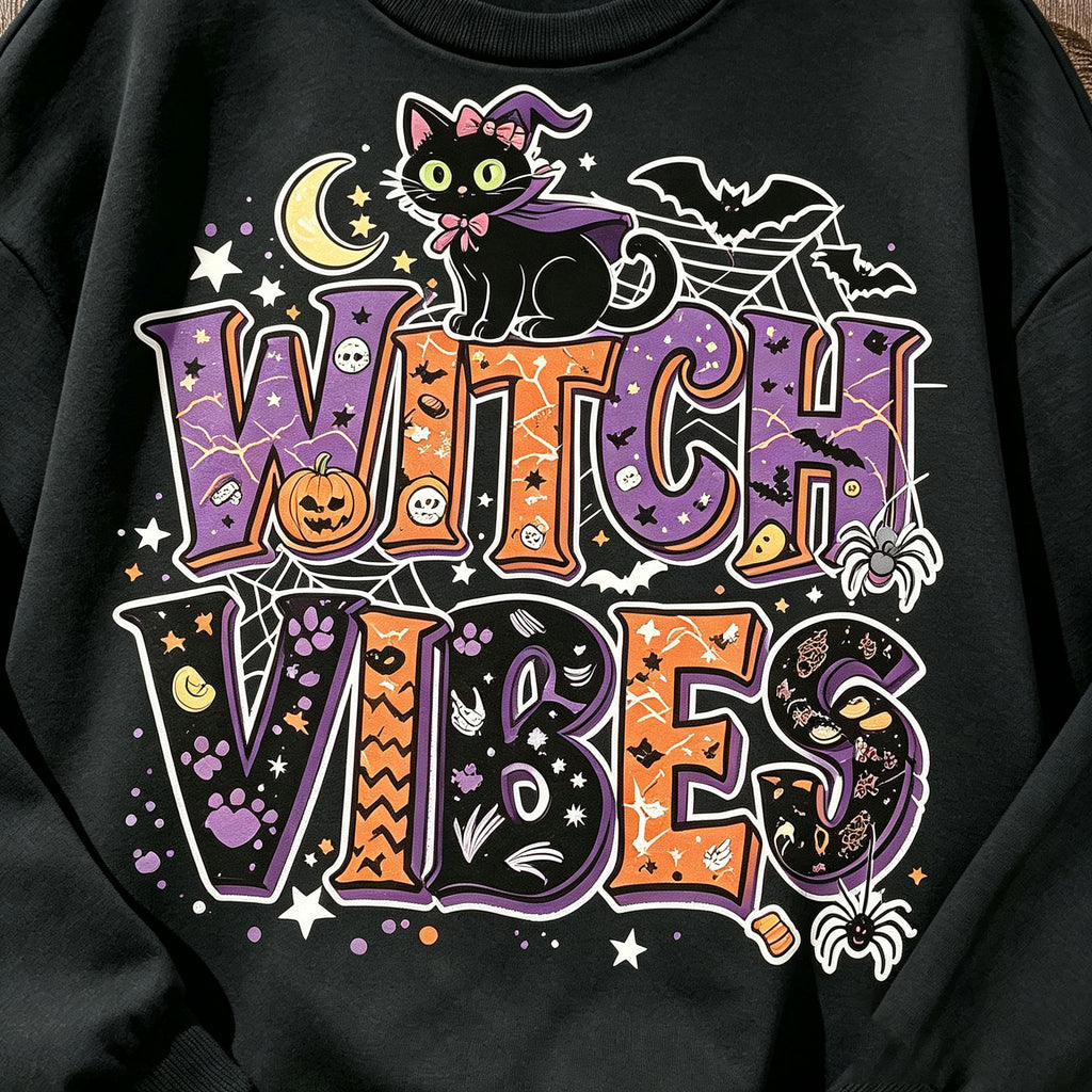 Witch Vibes Black Cat Halloween Graphic Crewneck Sweatshirt