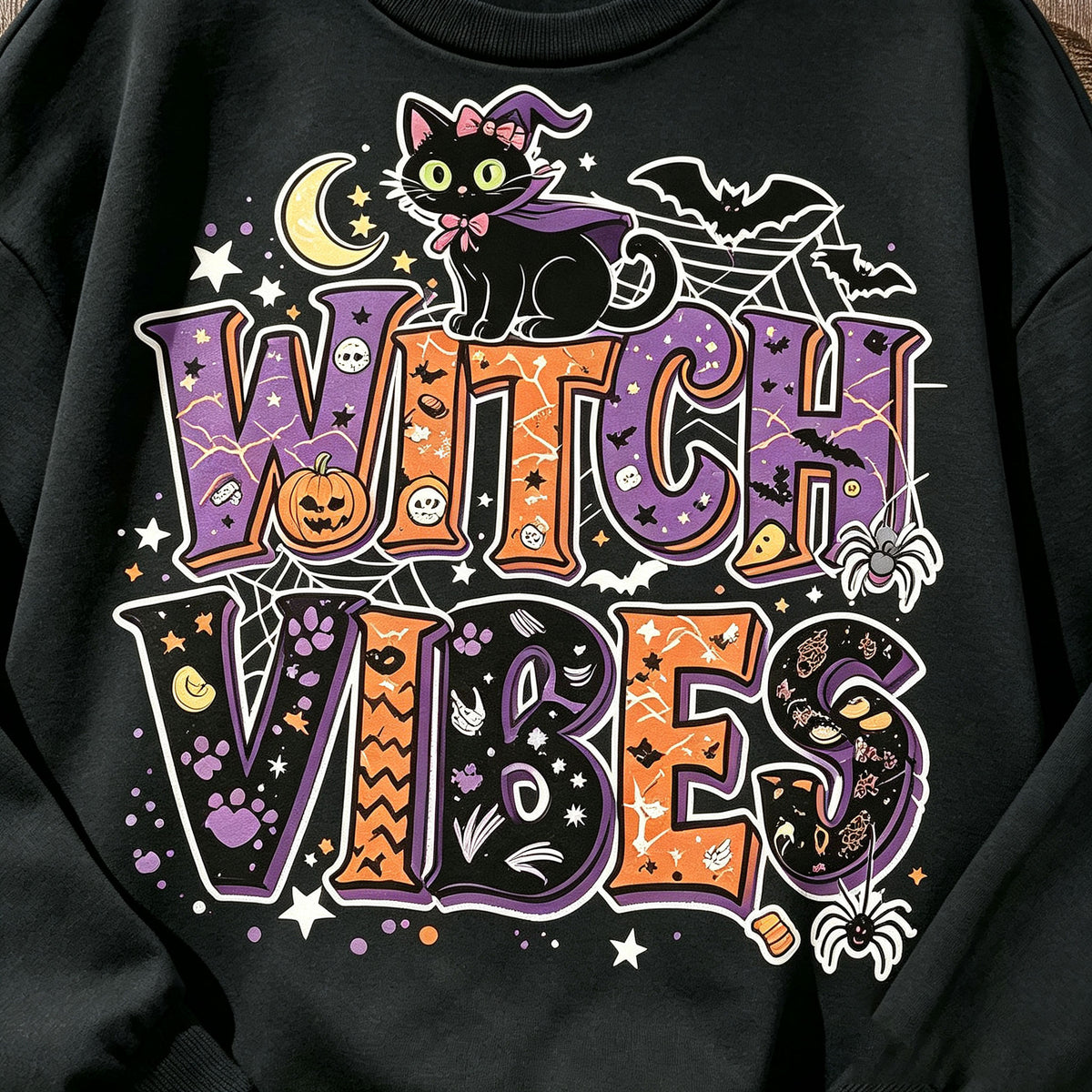 Witch Vibes Black Cat Halloween Graphic Crewneck Sweatshirt