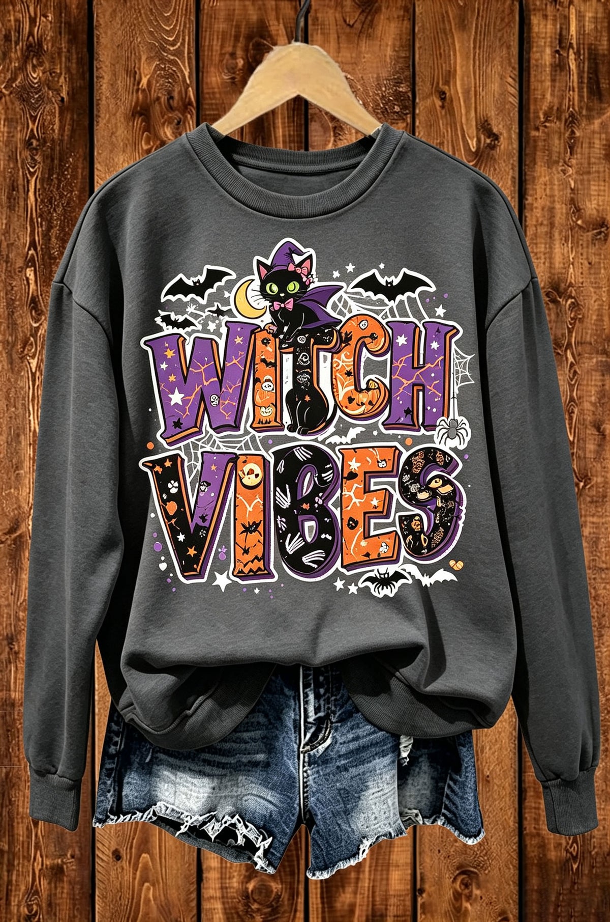 Witch Vibes Black Cat Halloween Graphic Crewneck Sweatshirt