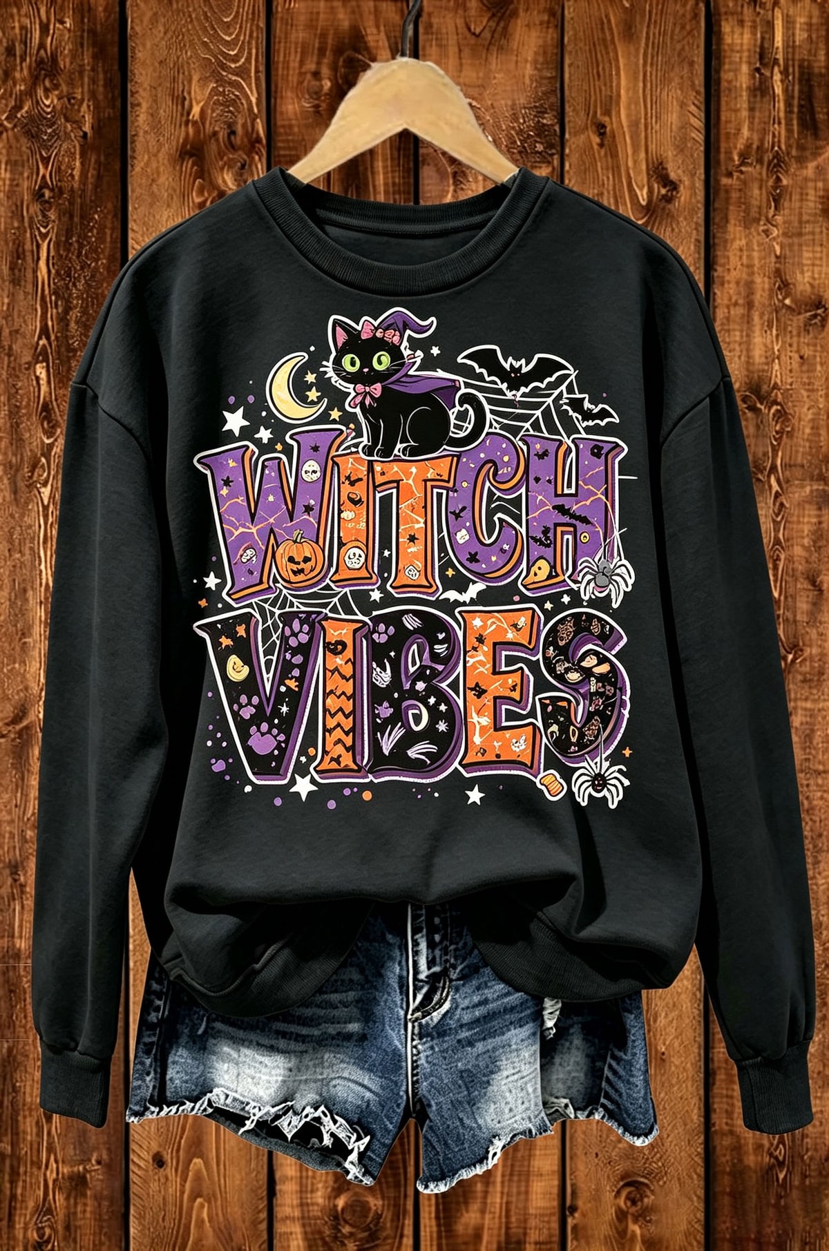 Witch Vibes Black Cat Halloween Graphic Crewneck Sweatshirt