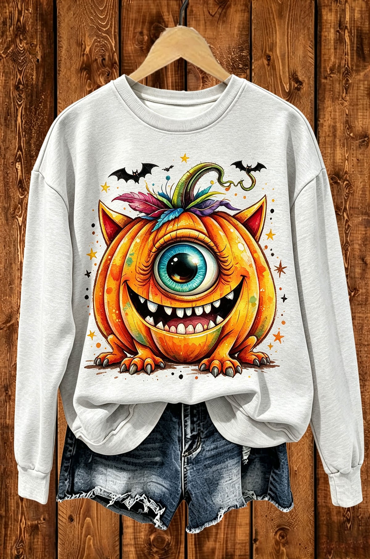 One-Eyed Monster Pumpkin Halloween Graphic Crewneck Sweatshirt