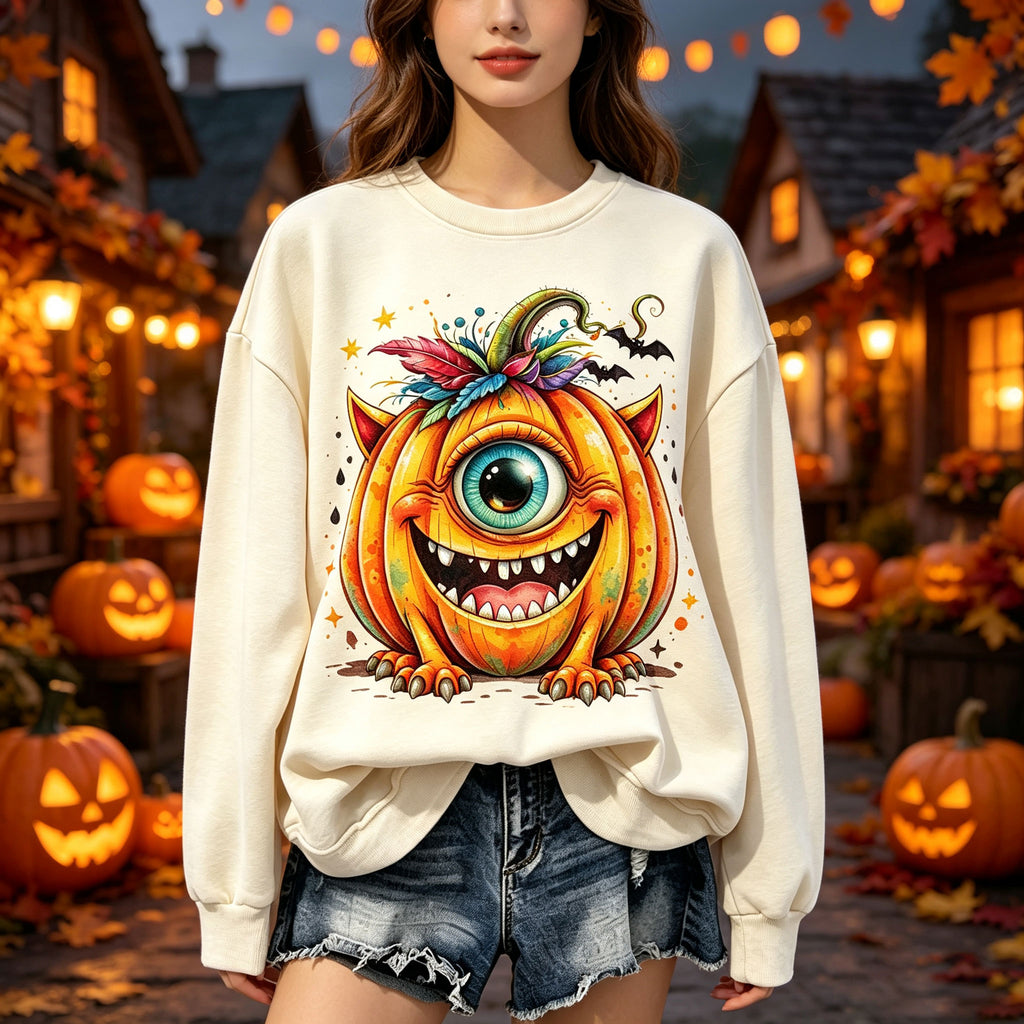 One-Eyed Monster Pumpkin Halloween Graphic Crewneck Sweatshirt