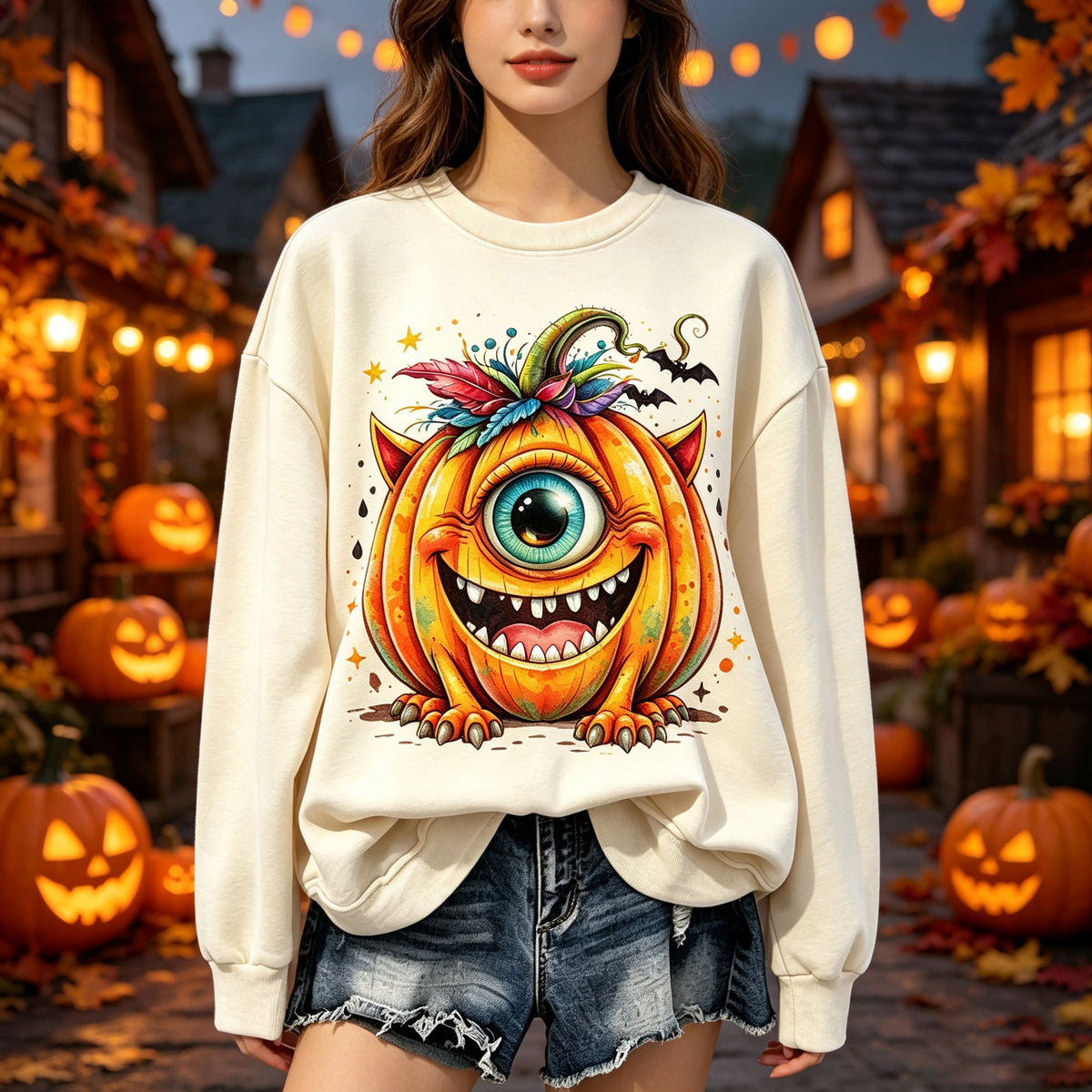 One-Eyed Monster Pumpkin Halloween Graphic Crewneck Sweatshirt