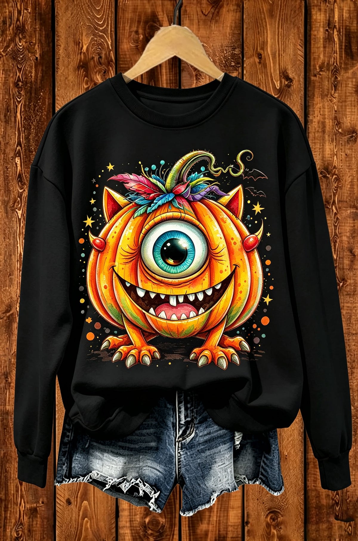 One-Eyed Monster Pumpkin Halloween Graphic Crewneck Sweatshirt
