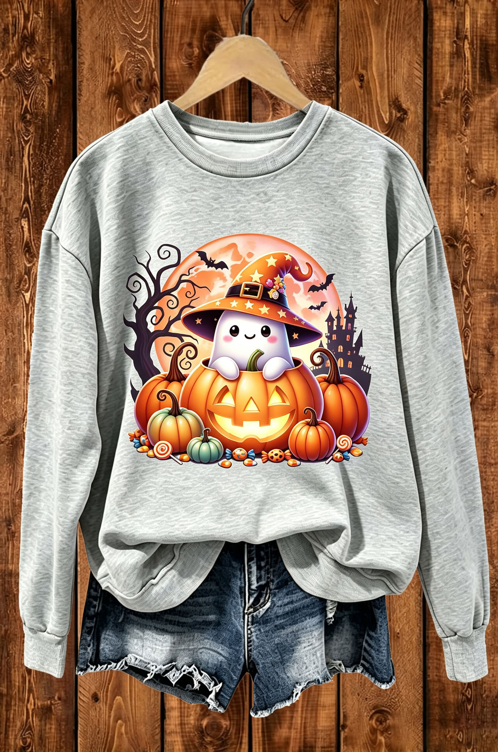 Cute Ghost Pumpkin Halloween Graphic Crewneck Sweatshirt