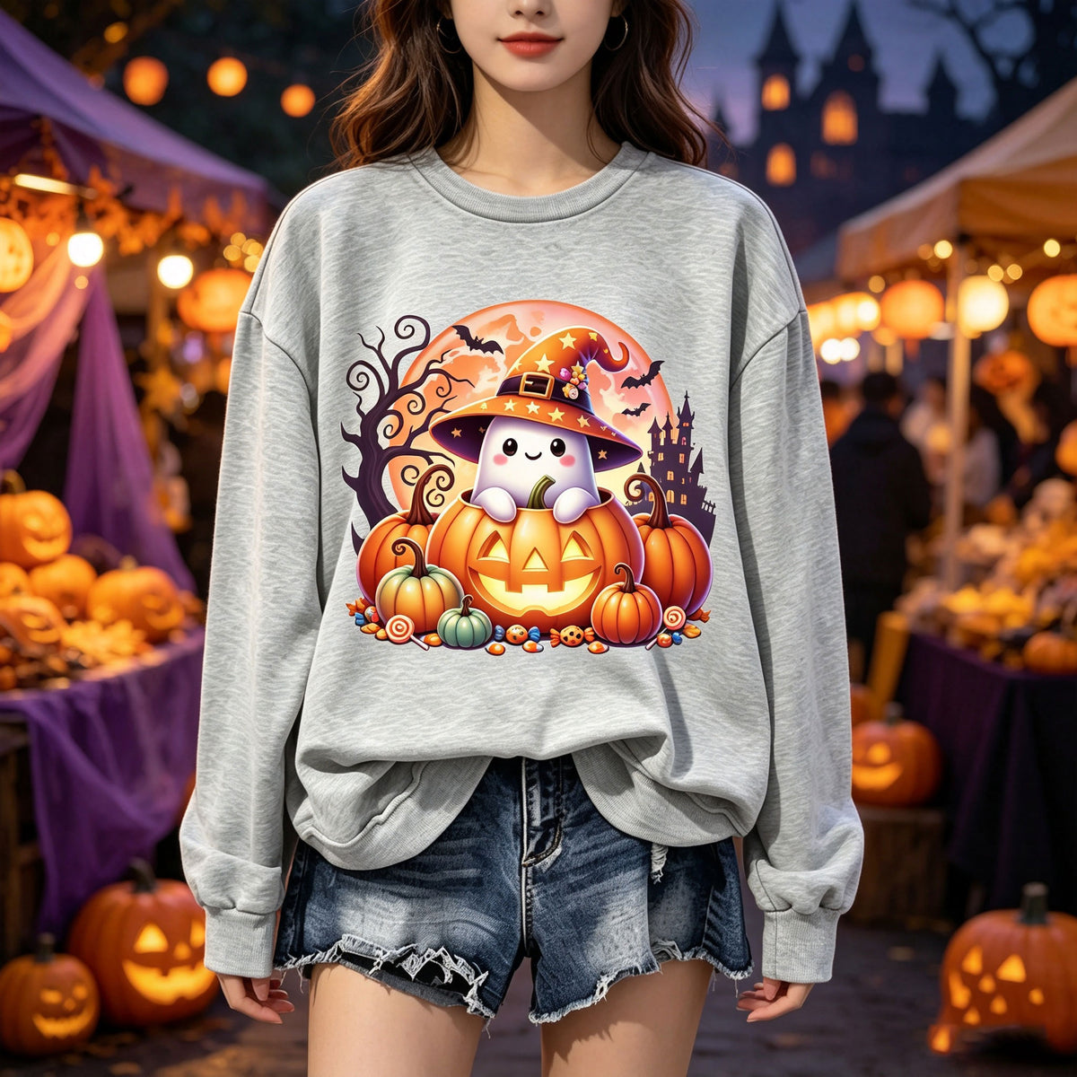 Cute Ghost Pumpkin Halloween Graphic Crewneck Sweatshirt