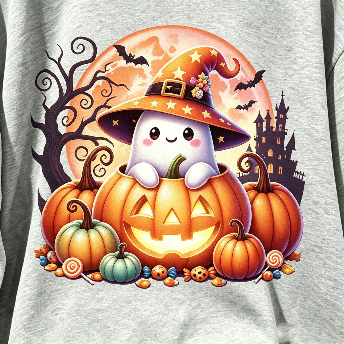Cute Ghost Pumpkin Halloween Graphic Crewneck Sweatshirt
