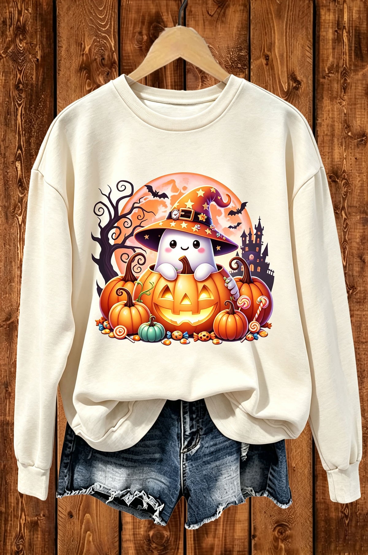 Cute Ghost Pumpkin Halloween Graphic Crewneck Sweatshirt