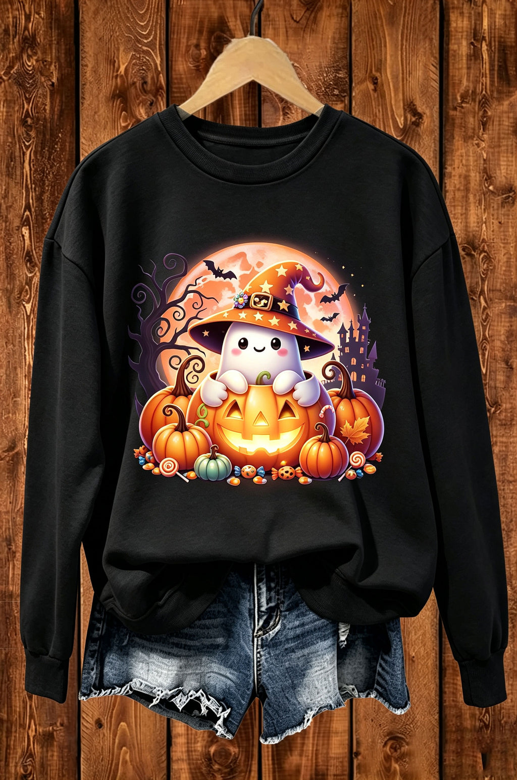 Cute Ghost Pumpkin Halloween Graphic Crewneck Sweatshirt