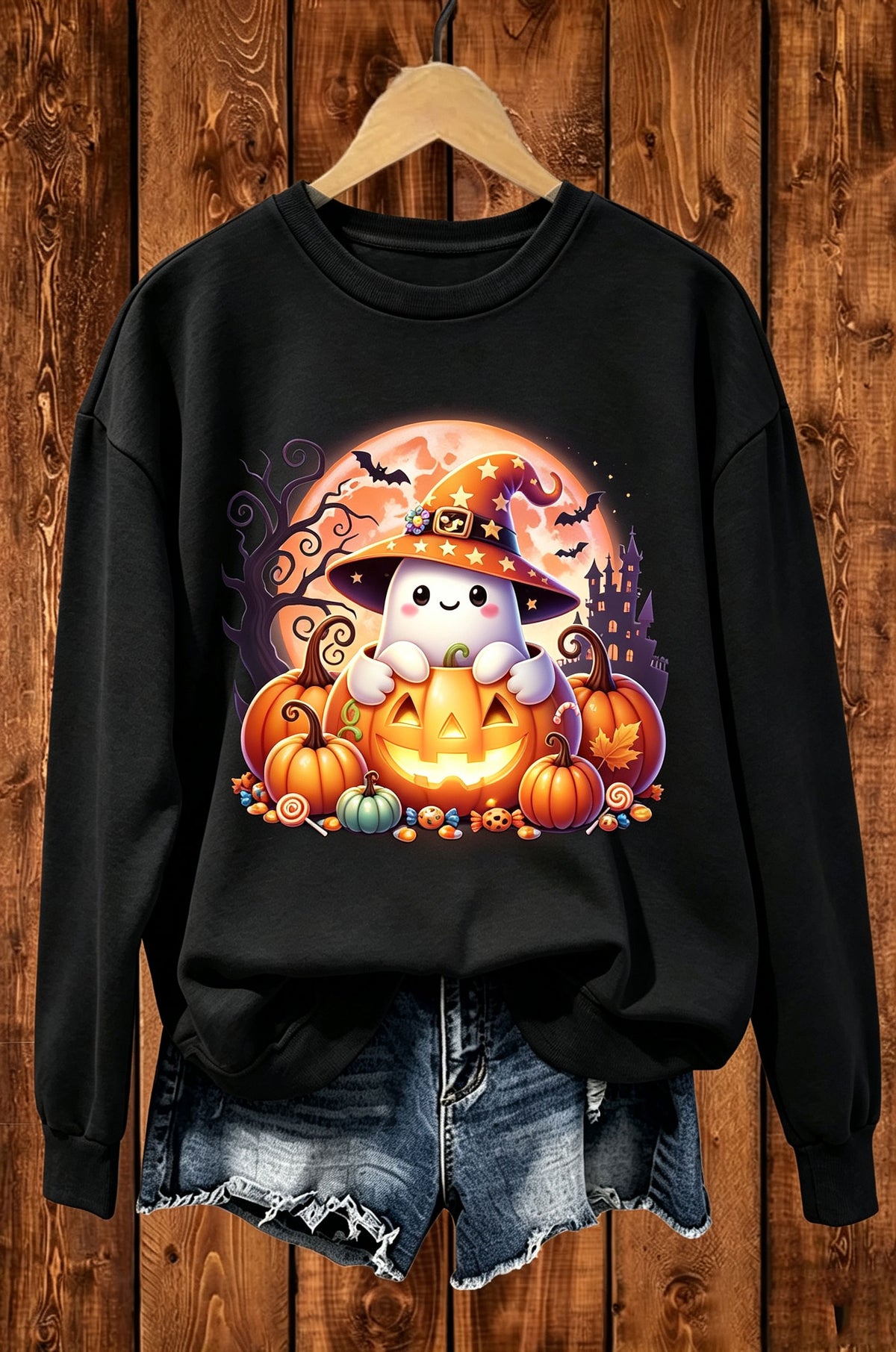 Cute Ghost Pumpkin Halloween Graphic Crewneck Sweatshirt