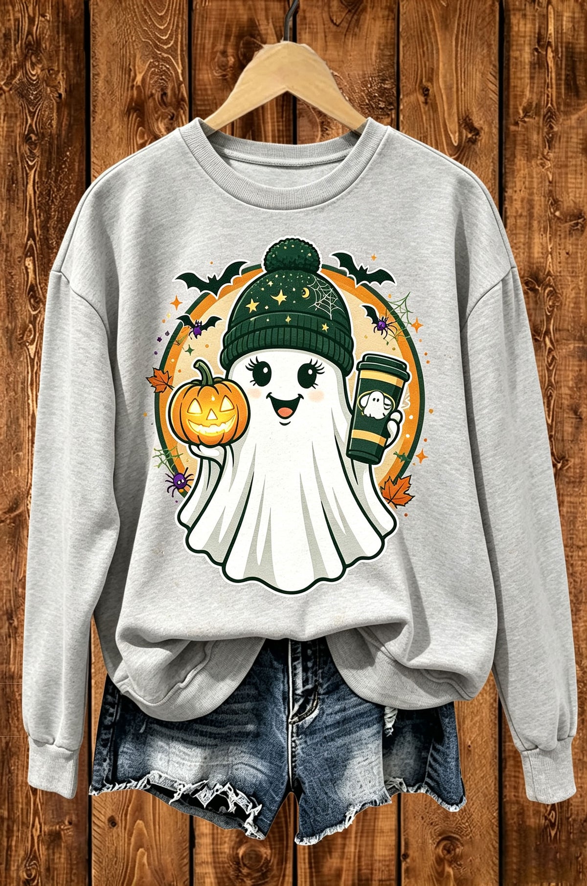 Cute Ghost Pumpkin Coffee Halloween Graphic Crewneck Sweatshirt