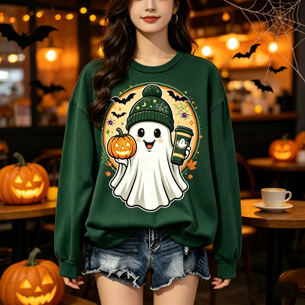 Cute Ghost Pumpkin Coffee Halloween Graphic Crewneck Sweatshirt