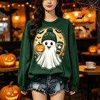 Cute Ghost Pumpkin Coffee Halloween Graphic Crewneck Sweatshirt