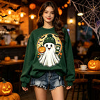 Cute Ghost Pumpkin Coffee Halloween Graphic Crewneck Sweatshirt