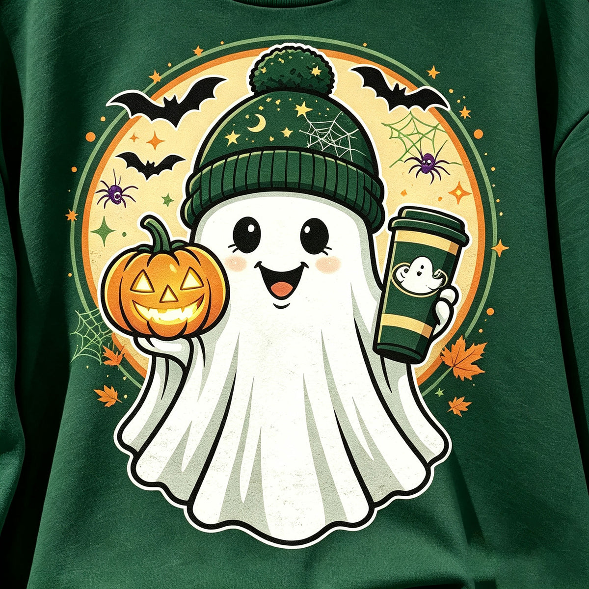 Cute Ghost Pumpkin Coffee Halloween Graphic Crewneck Sweatshirt