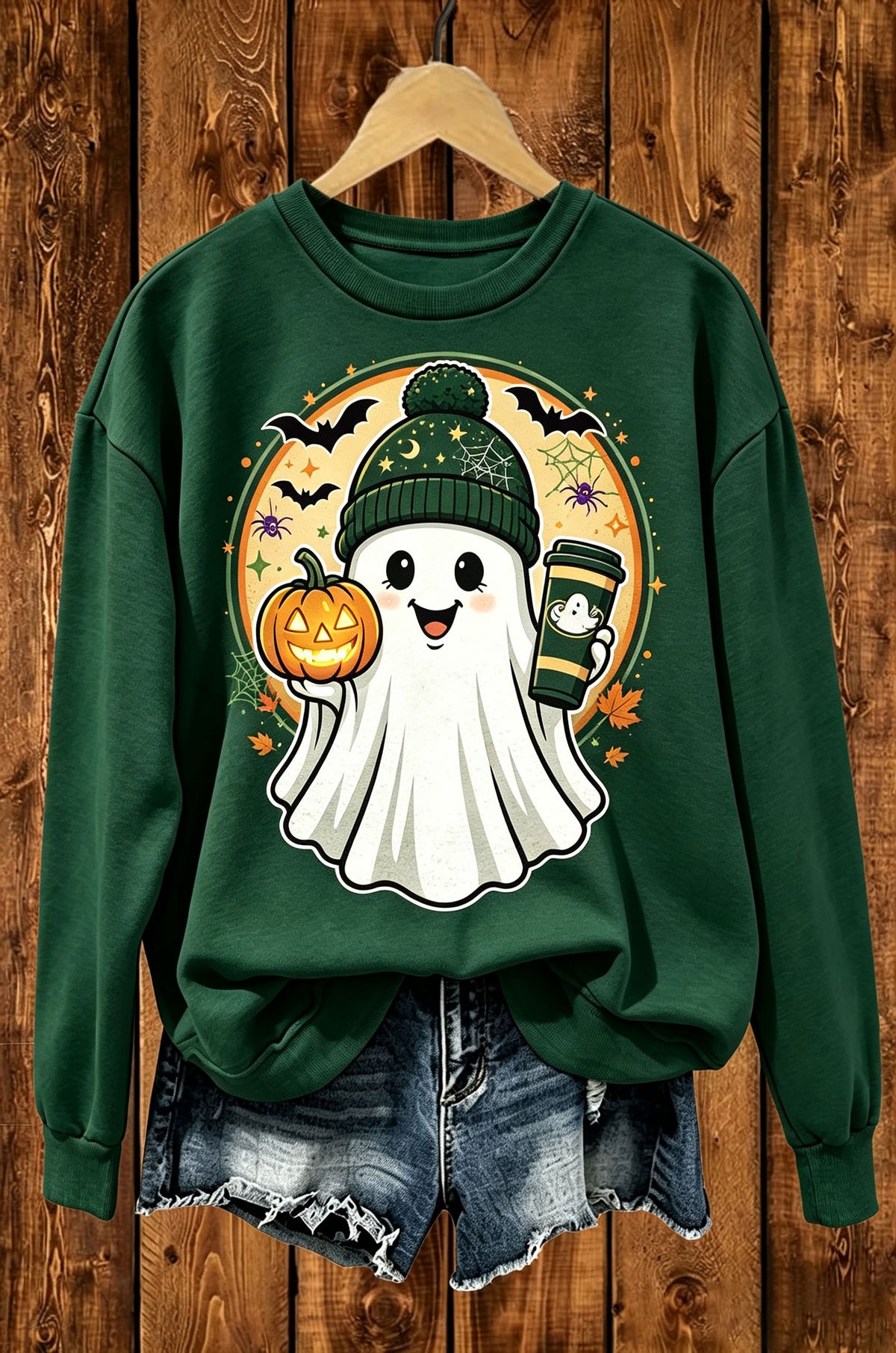 Cute Ghost Pumpkin Coffee Halloween Graphic Crewneck Sweatshirt