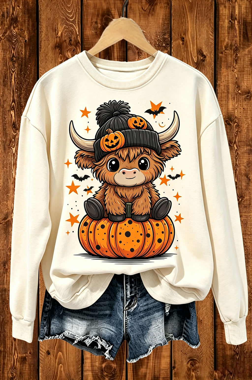 Highland Cow Pumpkin Halloween Graphic Crewneck Sweatshirt