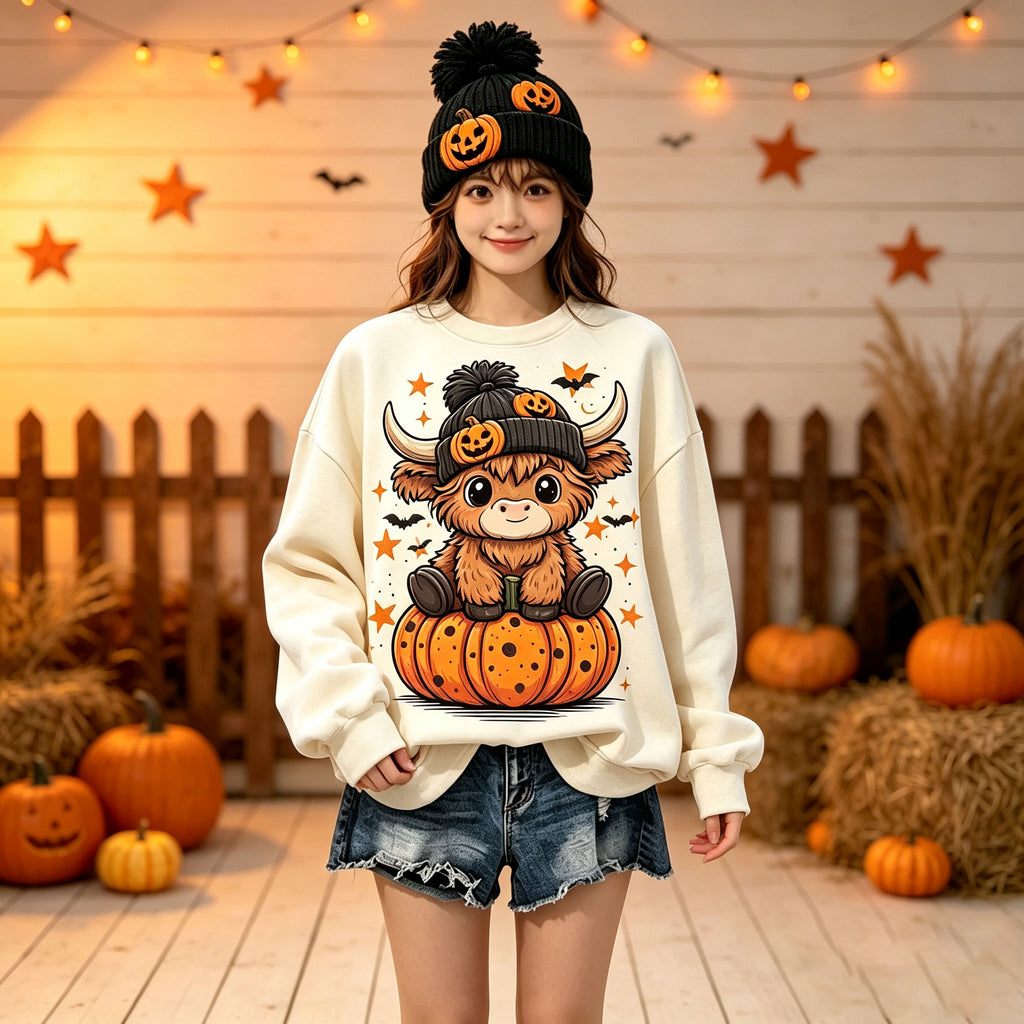 Highland Cow Pumpkin Halloween Graphic Crewneck Sweatshirt