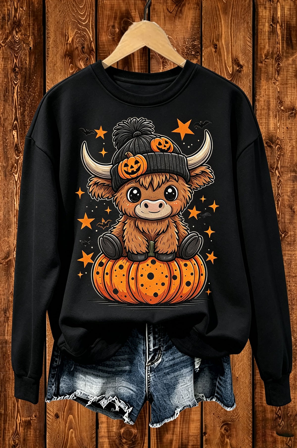 Highland Cow Pumpkin Halloween Graphic Crewneck Sweatshirt