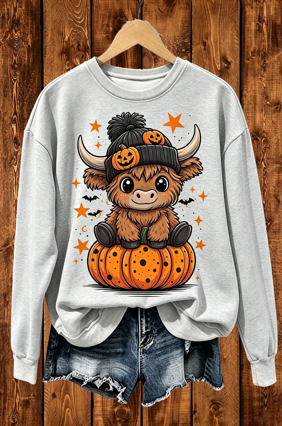 Highland Cow Pumpkin Halloween Graphic Crewneck Sweatshirt