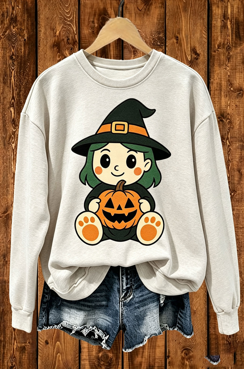 Cute Witch Girl Pumpkin Halloween Graphic Crewneck Sweatshirt