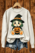 Cute Witch Girl Pumpkin Halloween Graphic Crewneck Sweatshirt