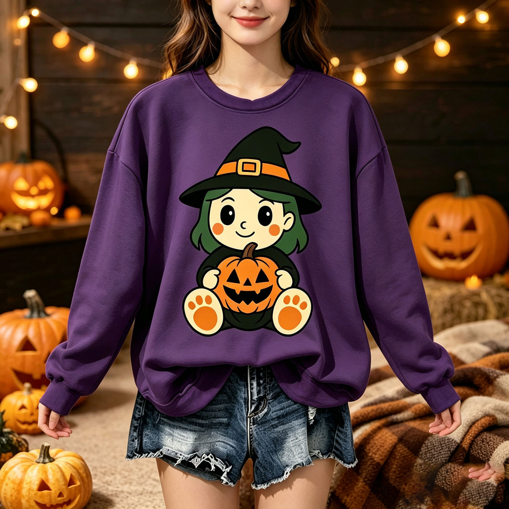 Cute Witch Girl Pumpkin Halloween Graphic Crewneck Sweatshirt