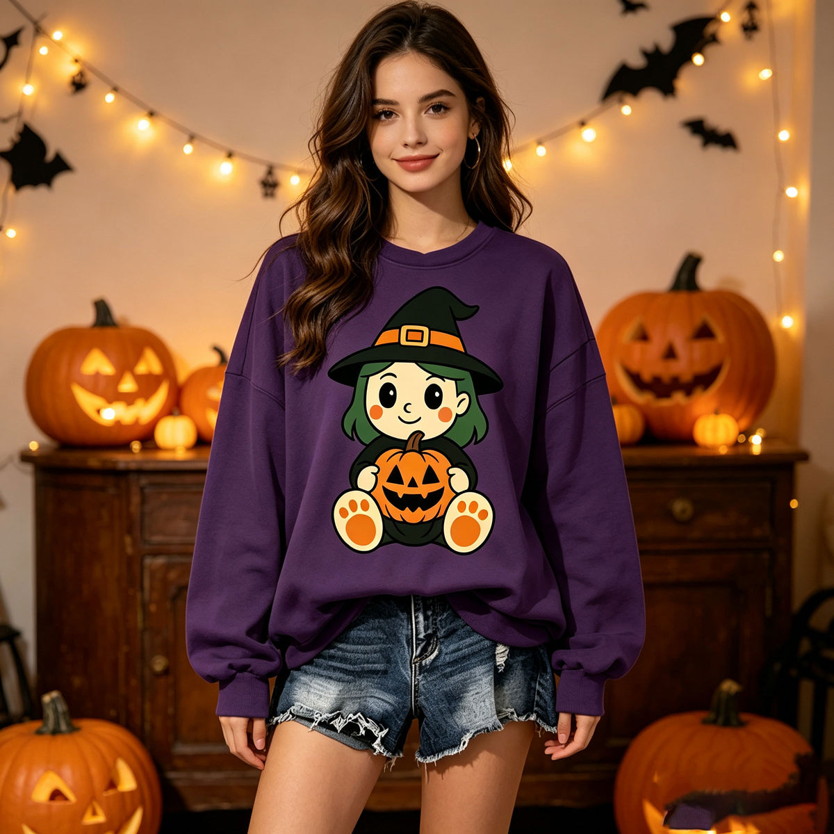 Cute Witch Girl Pumpkin Halloween Graphic Crewneck Sweatshirt
