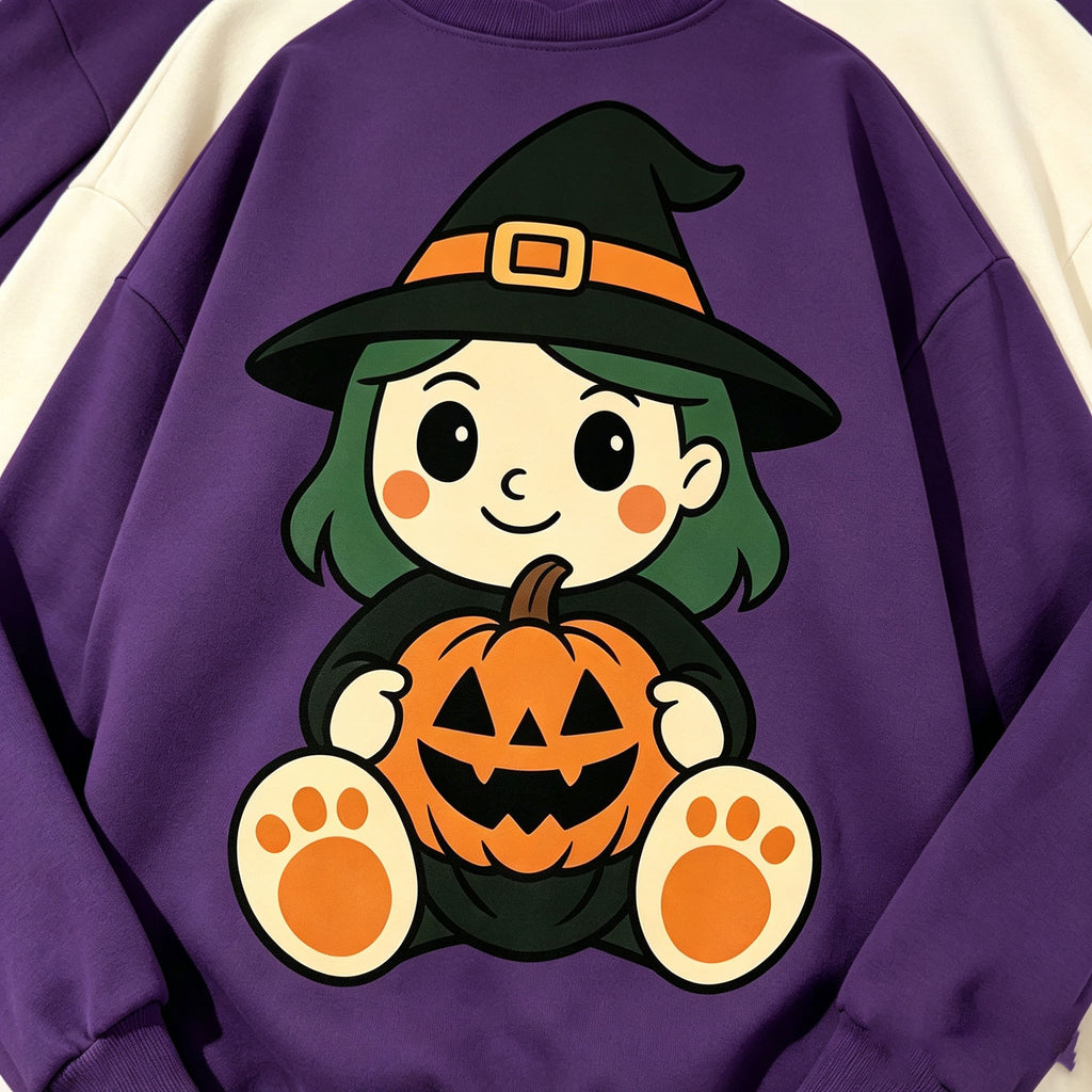 Cute Witch Girl Pumpkin Halloween Graphic Crewneck Sweatshirt
