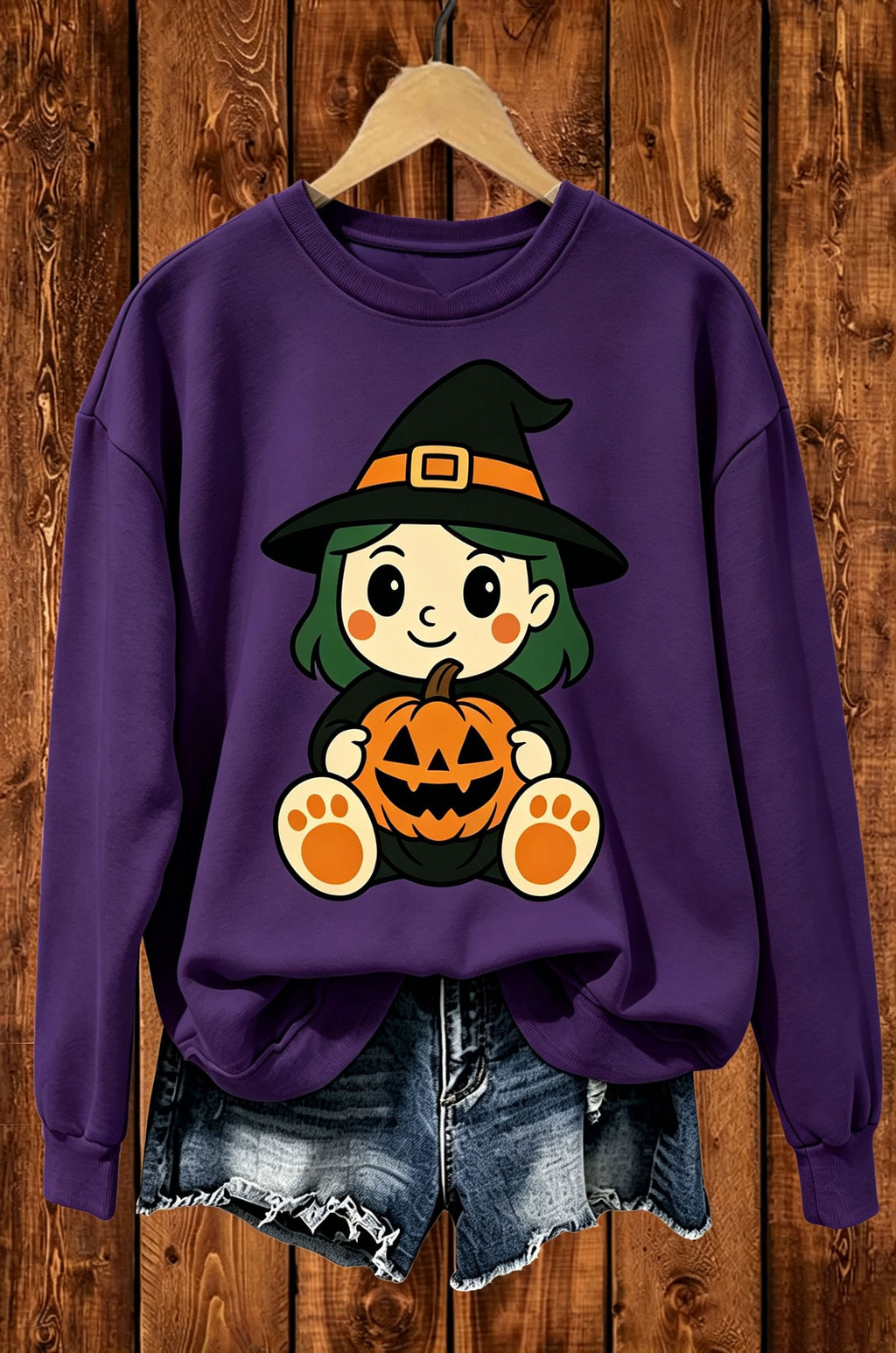Cute Witch Girl Pumpkin Halloween Graphic Crewneck Sweatshirt