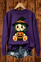 Cute Witch Girl Pumpkin Halloween Graphic Crewneck Sweatshirt