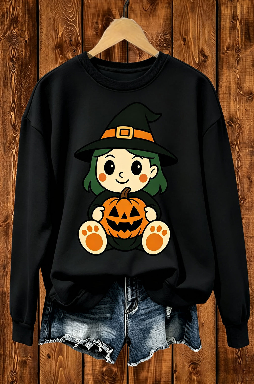 Cute Witch Girl Pumpkin Halloween Graphic Crewneck Sweatshirt