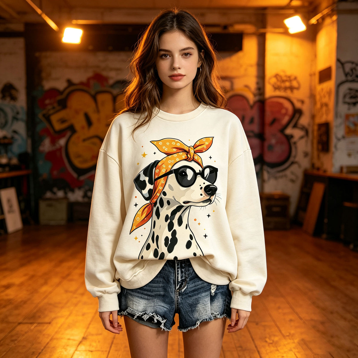 Dalmatian Dog Sunglasses Bandana Graphic Crewneck Sweatshirt