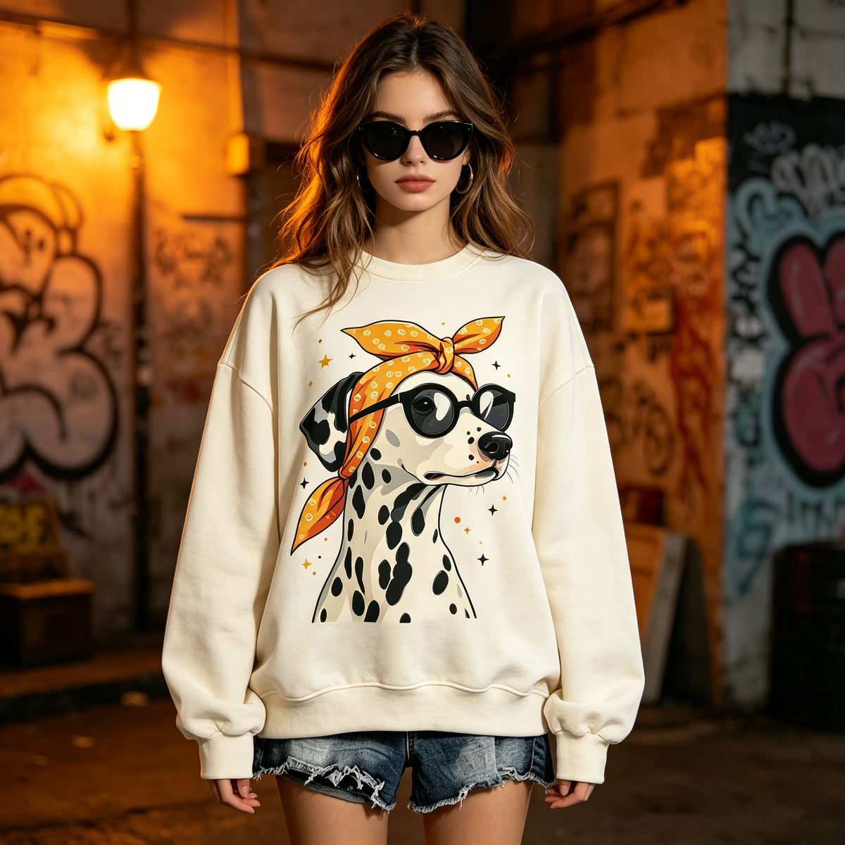 Dalmatian Dog Sunglasses Bandana Graphic Crewneck Sweatshirt