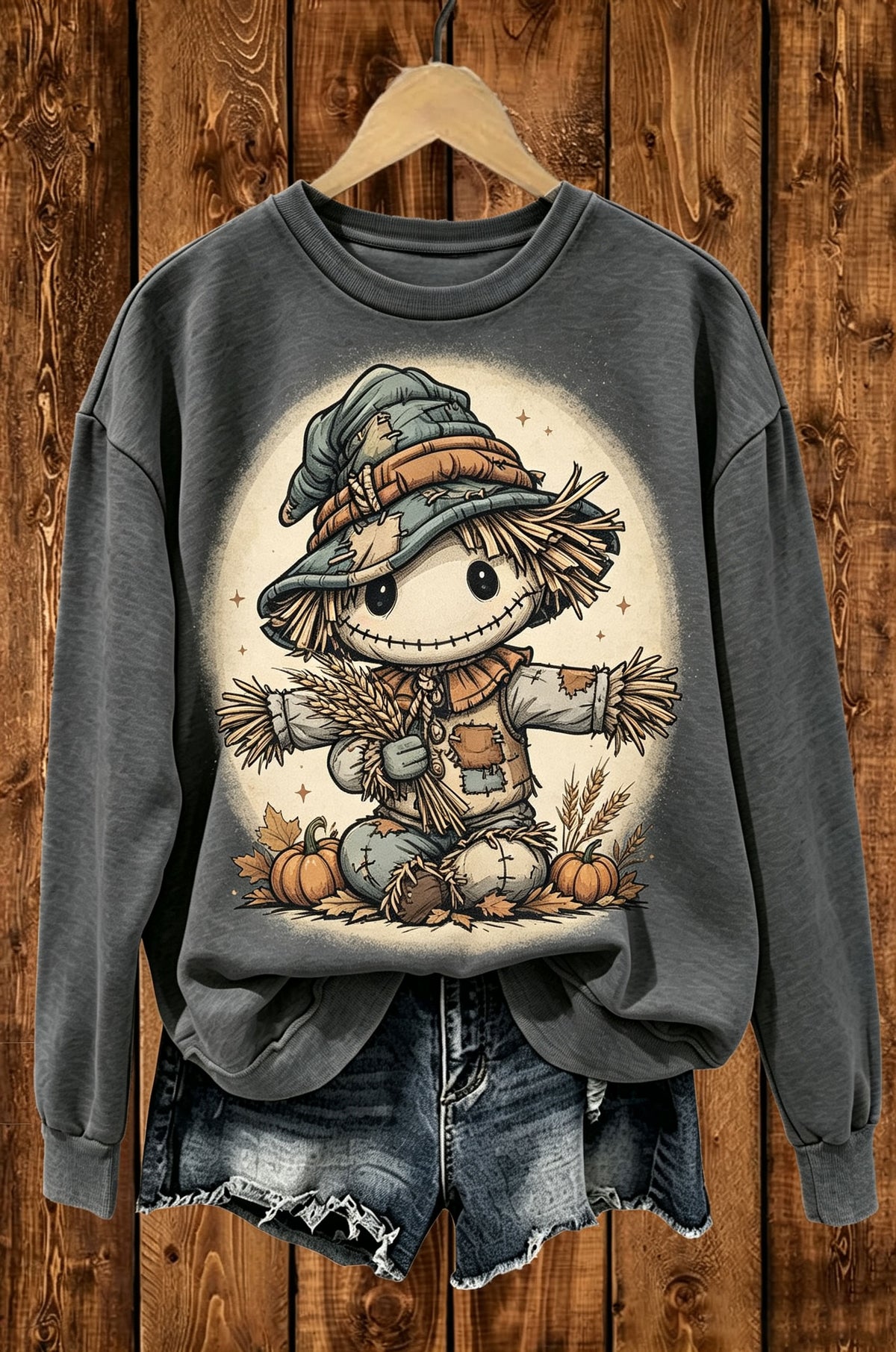 Cute Scarecrow Pumpkin Fall Graphic Crewneck Sweatshirt