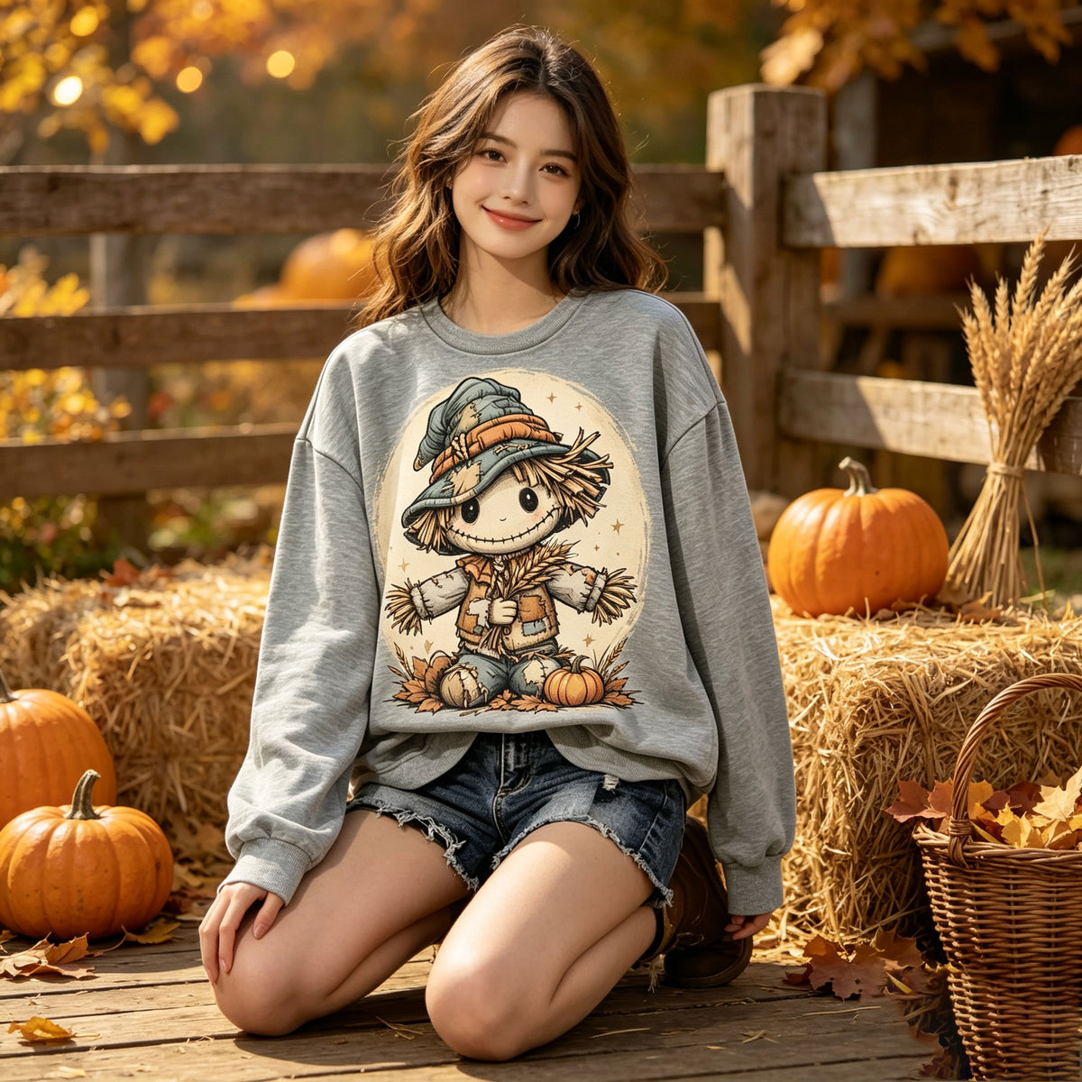 Cute Scarecrow Pumpkin Fall Graphic Crewneck Sweatshirt
