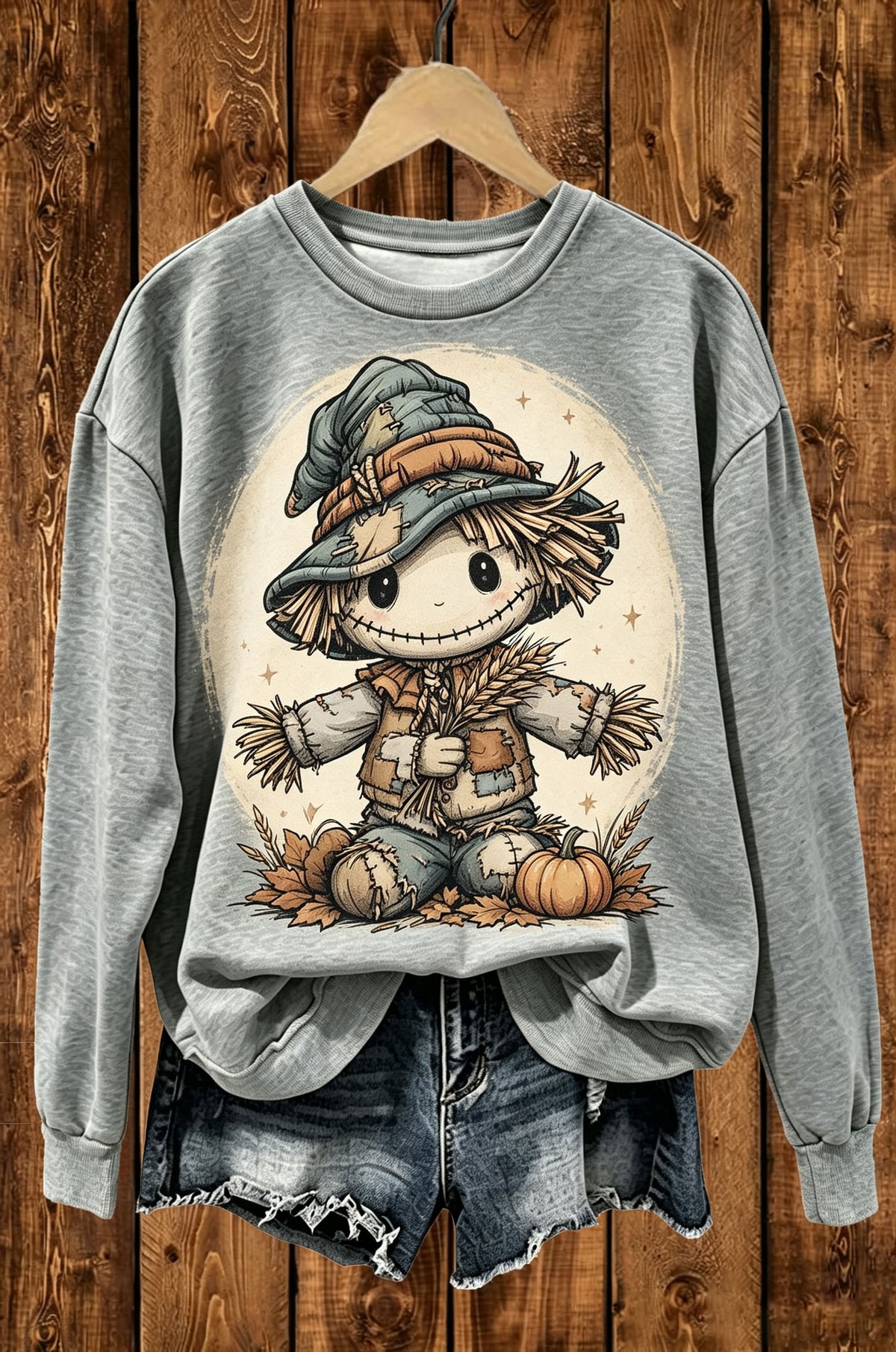 Cute Scarecrow Pumpkin Fall Graphic Crewneck Sweatshirt