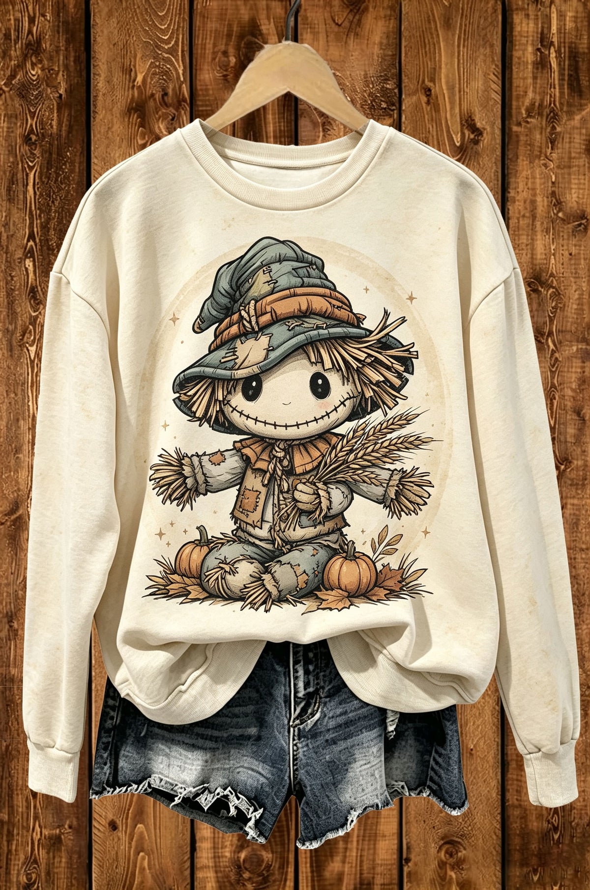 Cute Scarecrow Pumpkin Fall Graphic Crewneck Sweatshirt