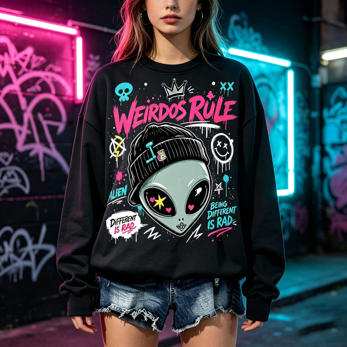 Weirdos Rule Alien Graffiti Streetwear Crewneck Sweatshirt