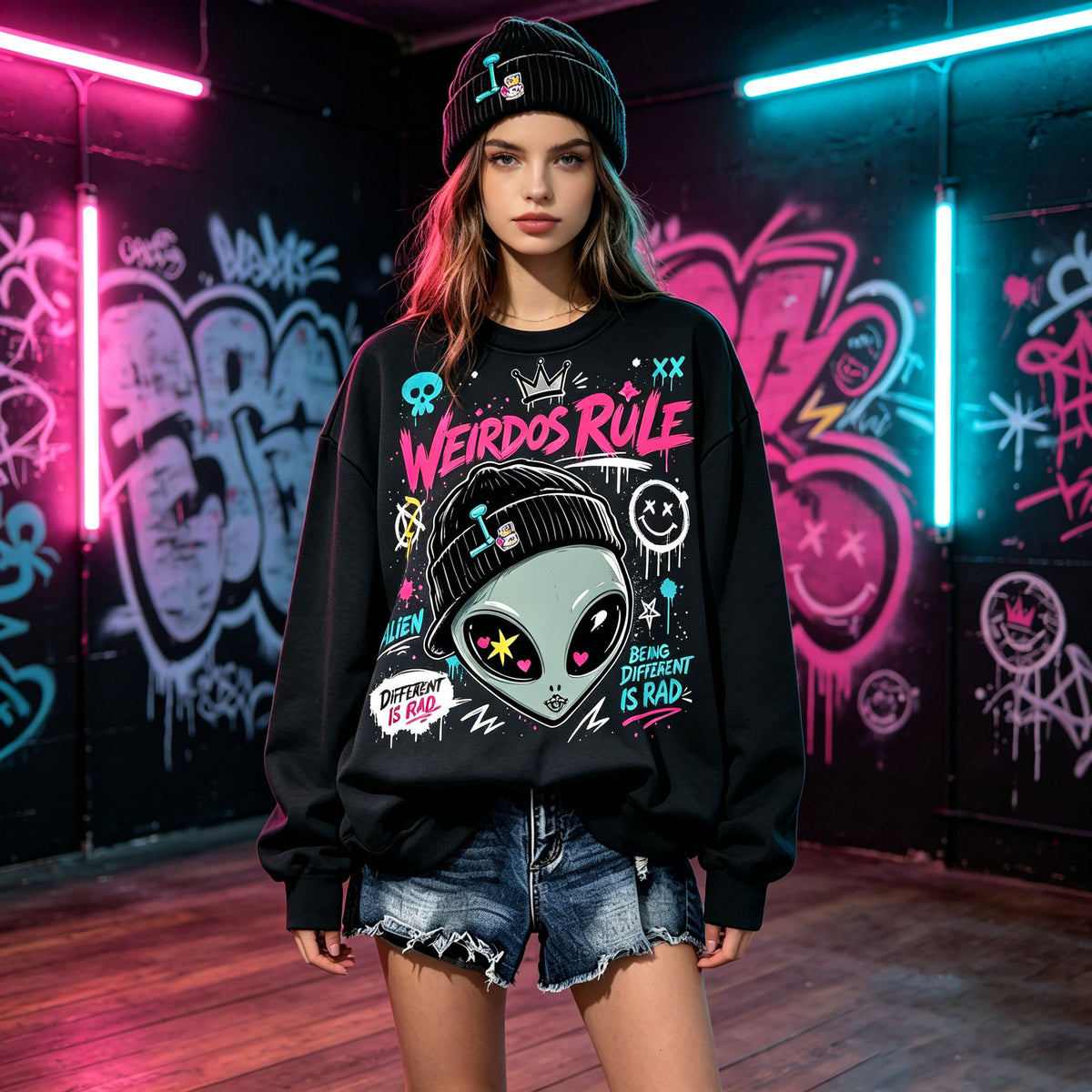 Weirdos Rule Alien Graffiti Streetwear Crewneck Sweatshirt