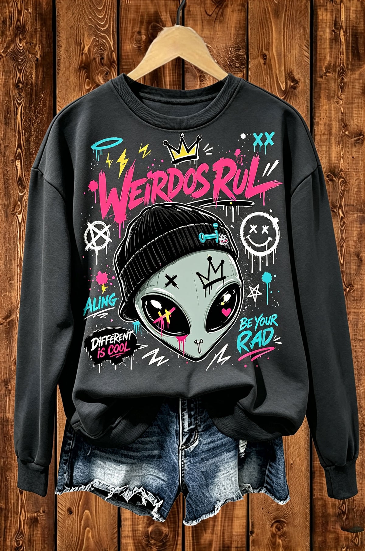 Weirdos Rule Alien Graffiti Streetwear Crewneck Sweatshirt