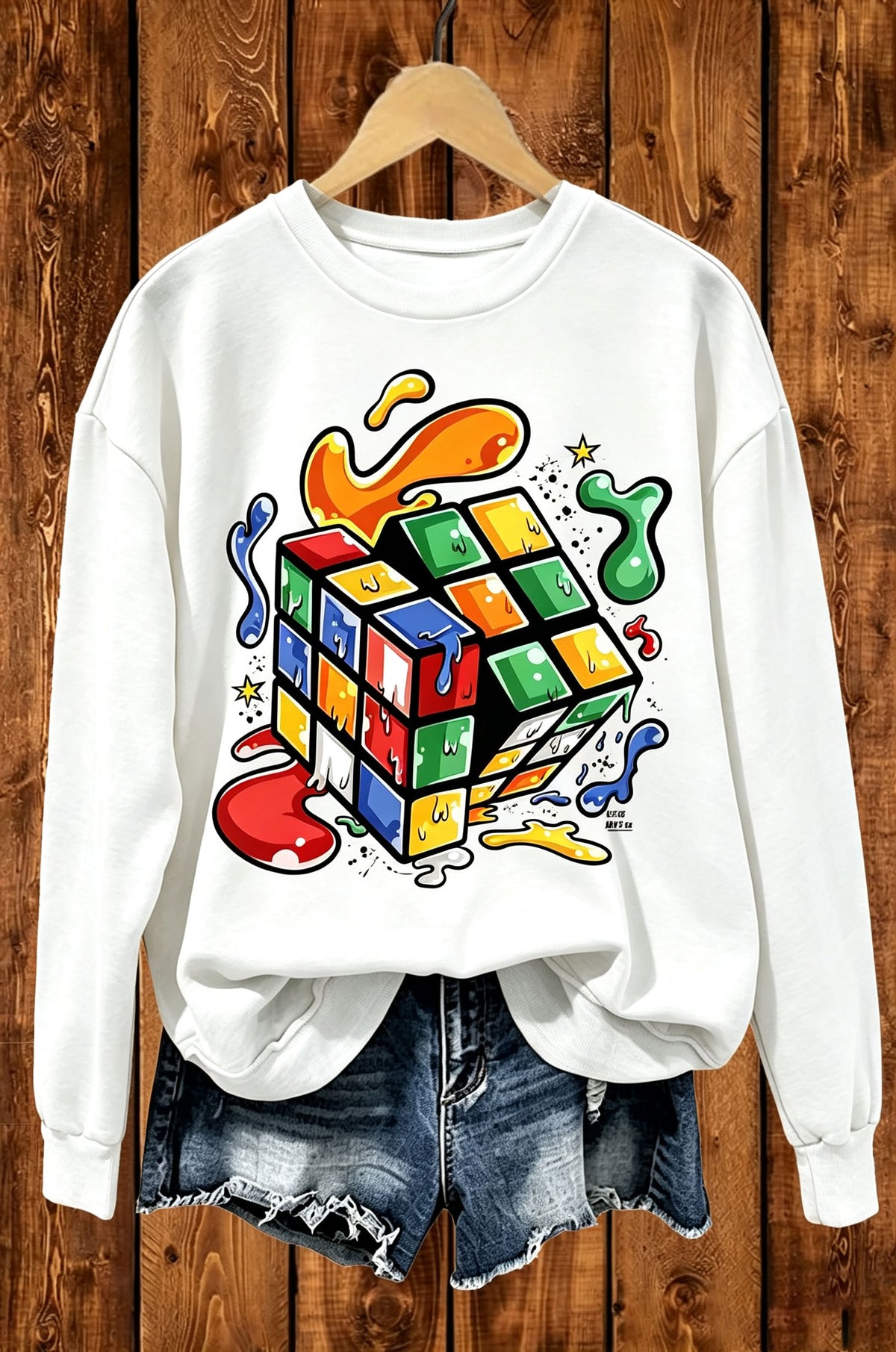 Melting Rubik's Cube Street Graphic Crewneck Sweatshirt