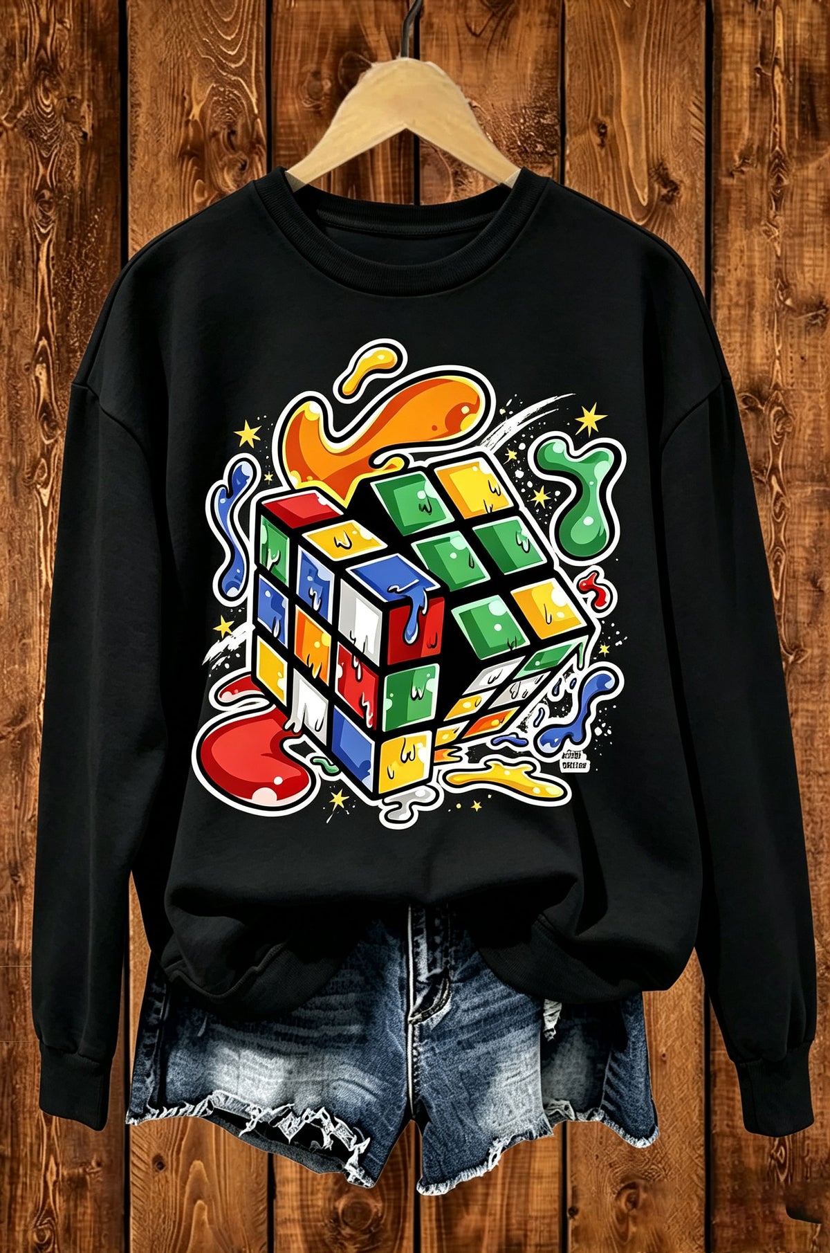 Melting Rubik's Cube Street Graphic Crewneck Sweatshirt