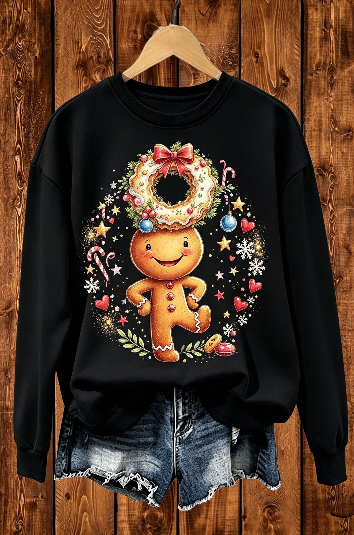 Gingerbread Man Christmas Wreath Graphic Crewneck Sweatshirt
