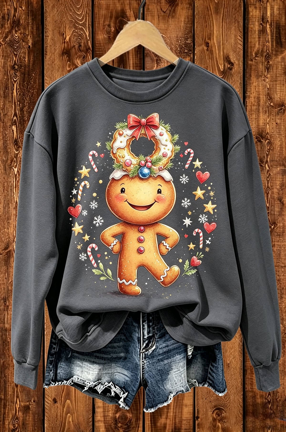 Gingerbread Man Christmas Wreath Graphic Crewneck Sweatshirt