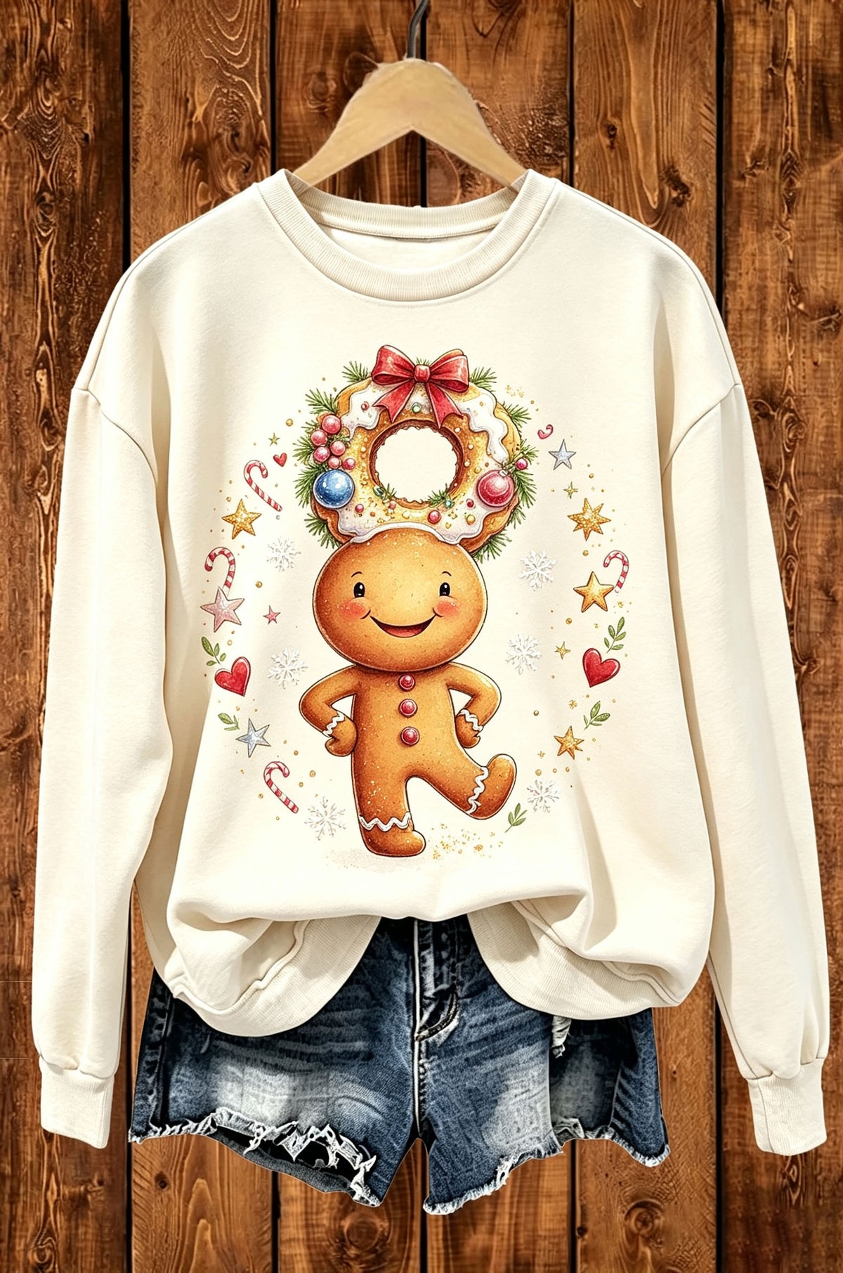 Gingerbread Man Christmas Wreath Graphic Crewneck Sweatshirt