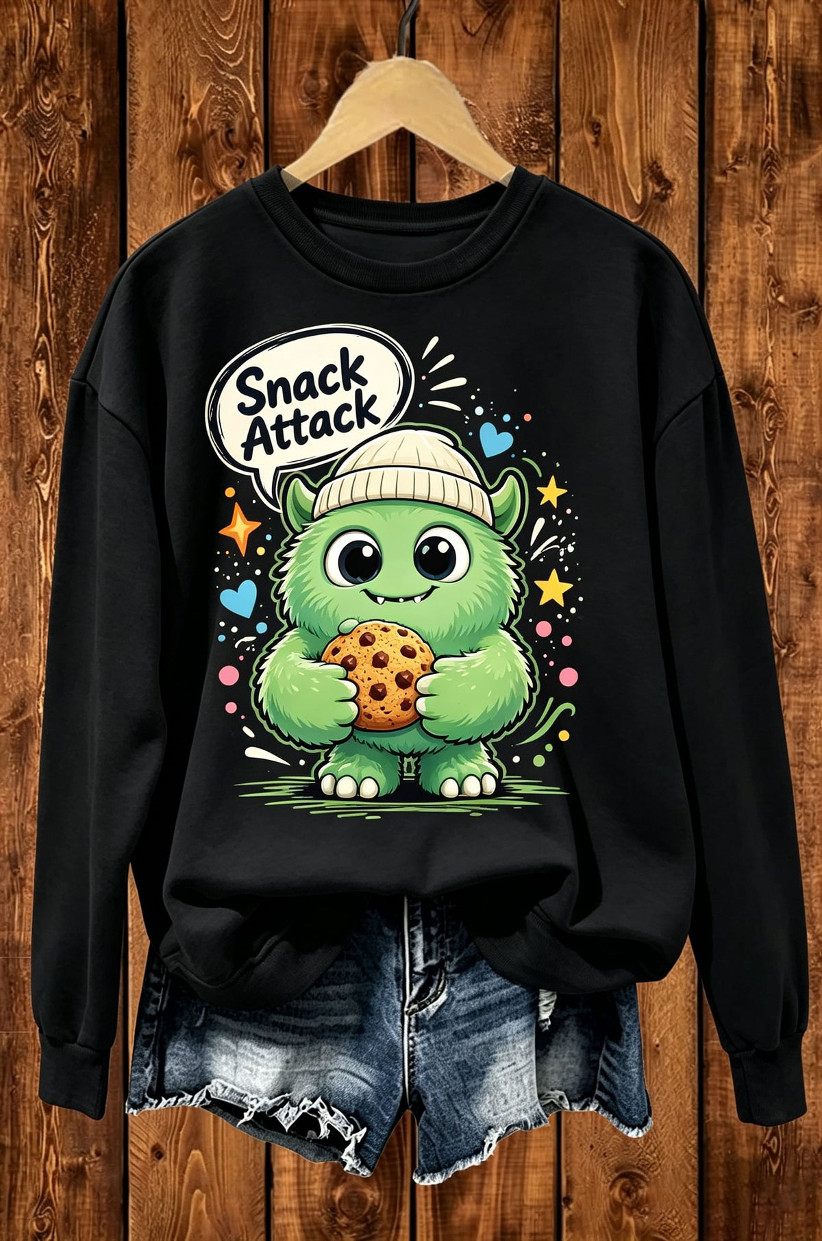 Snack Attack Green Monster Cookie Graphic Crewneck Sweatshirt