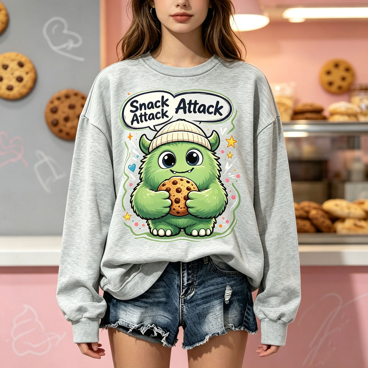 Snack Attack Green Monster Cookie Graphic Crewneck Sweatshirt