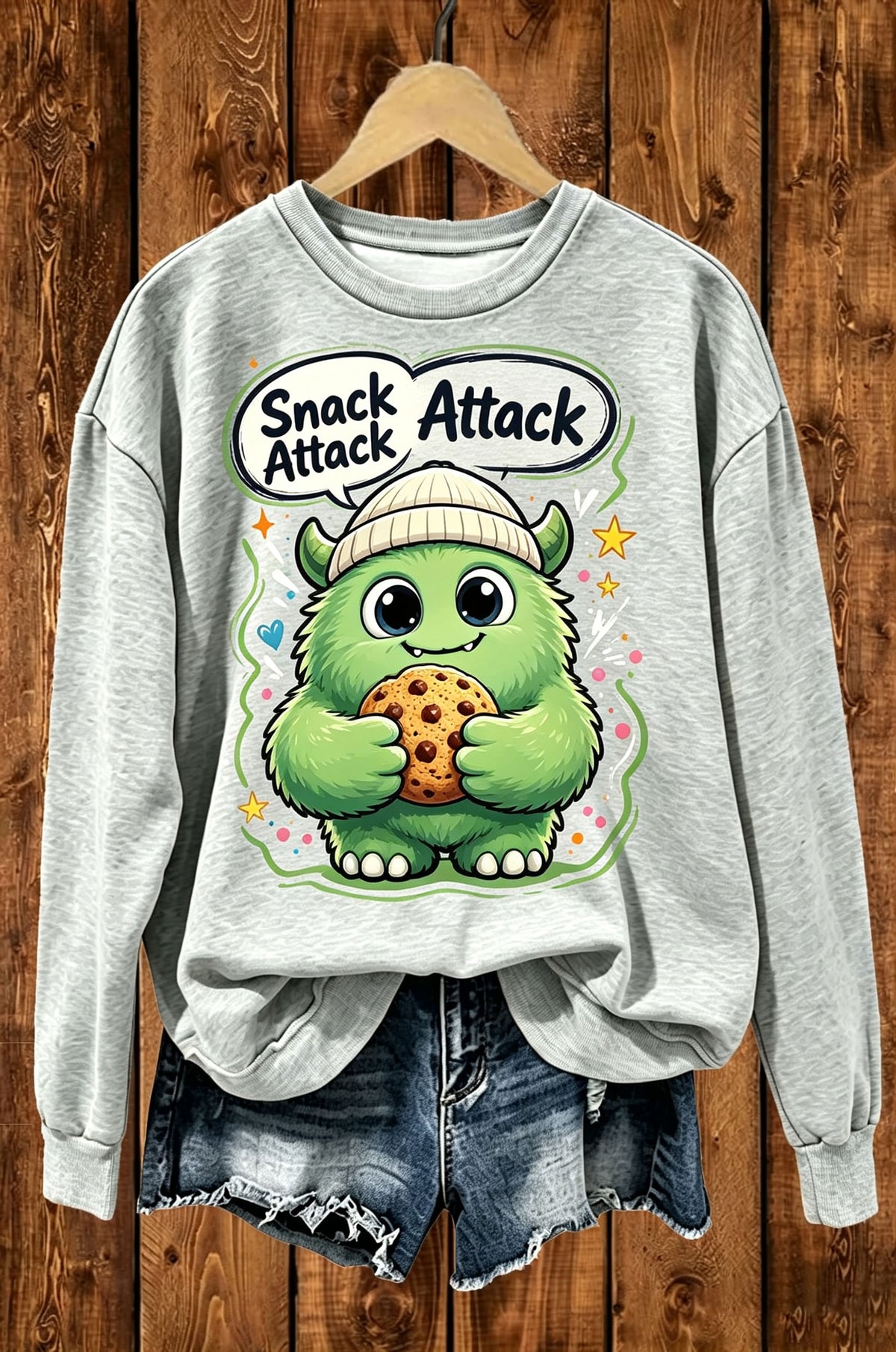 Snack Attack Green Monster Cookie Graphic Crewneck Sweatshirt