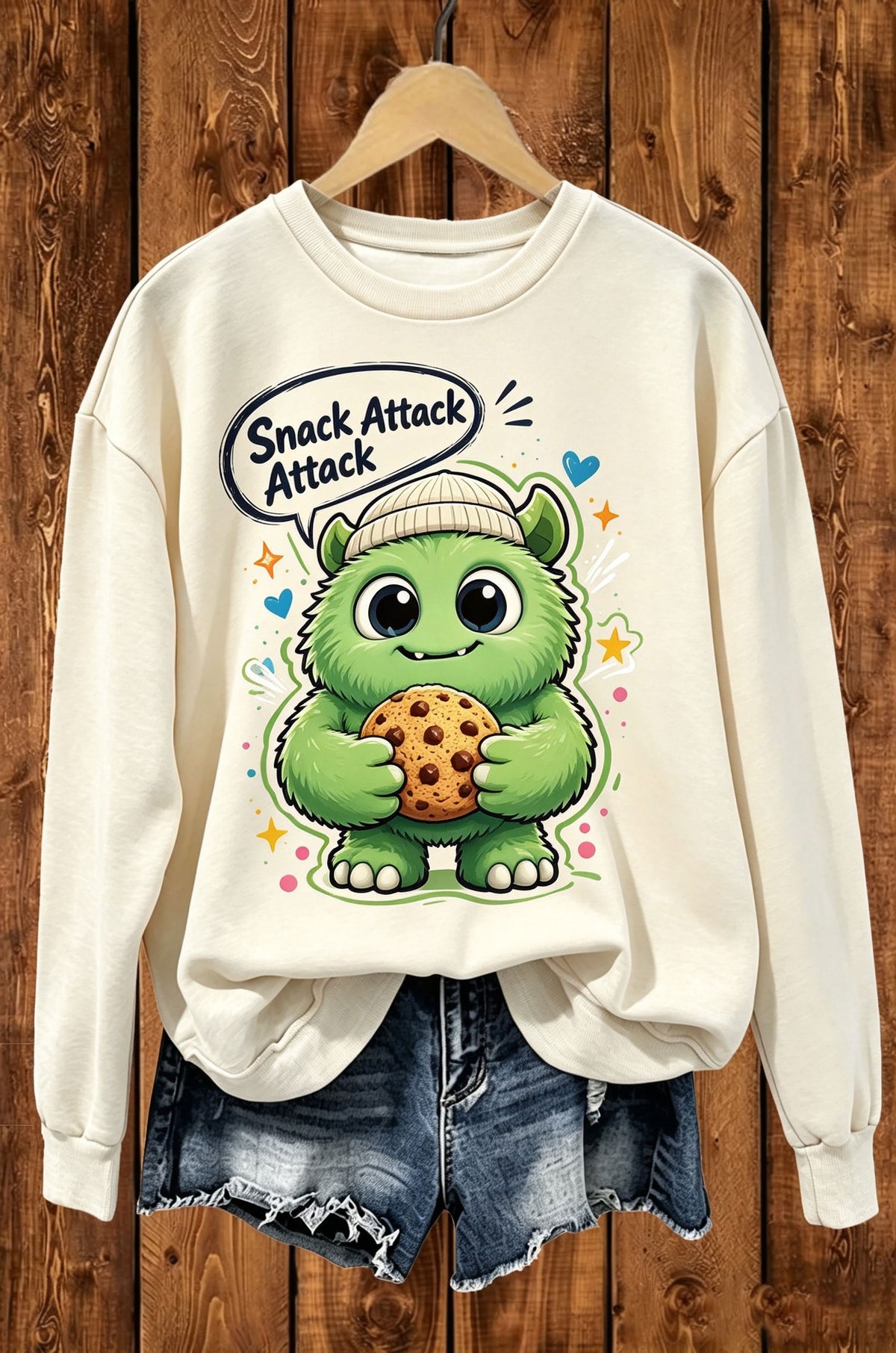 Snack Attack Green Monster Cookie Graphic Crewneck Sweatshirt